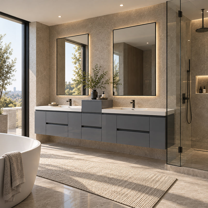 A modern floating double-sink bathroom vanity in light wood with white countertops and integrated mirrors, shown in a bright contemporary bathroom setting.
