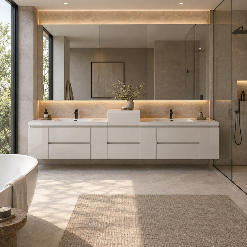 A modern floating double-sink bathroom vanity in light wood with white countertops and integrated mirrors, shown in a bright contemporary bathroom setting.