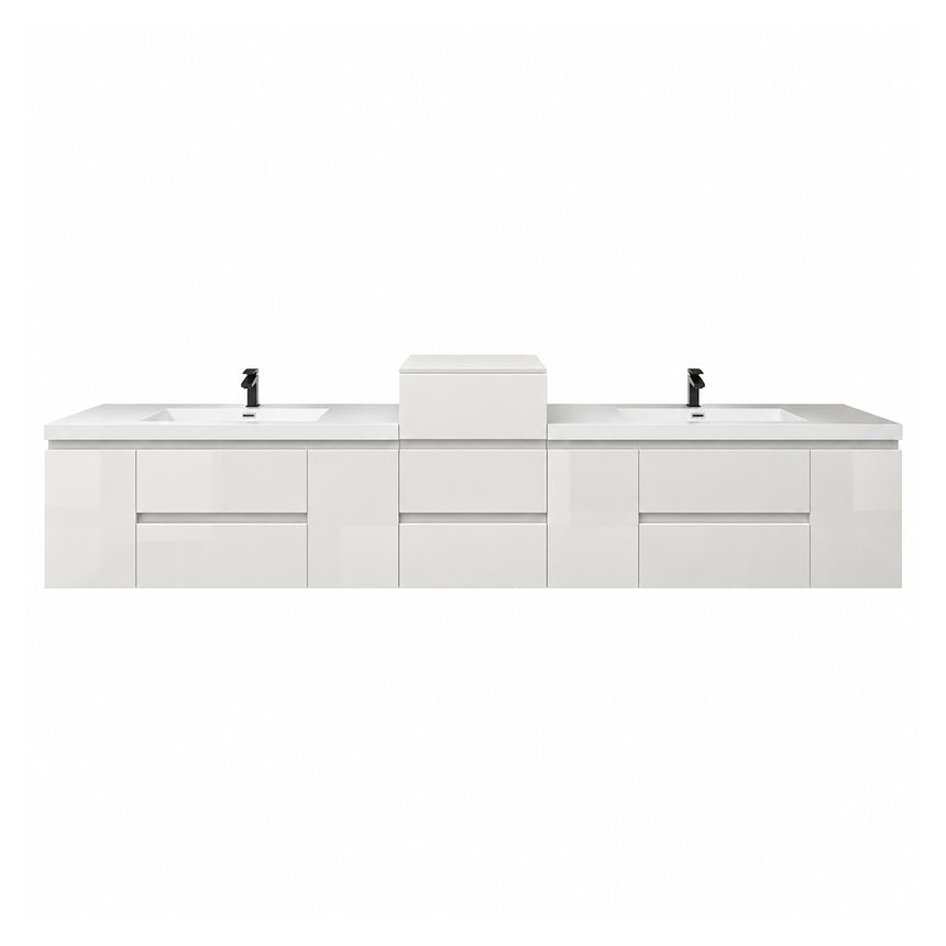 A modern floating double-sink bathroom vanity in light wood with white countertops and integrated mirrors, shown in a bright contemporary bathroom setting.