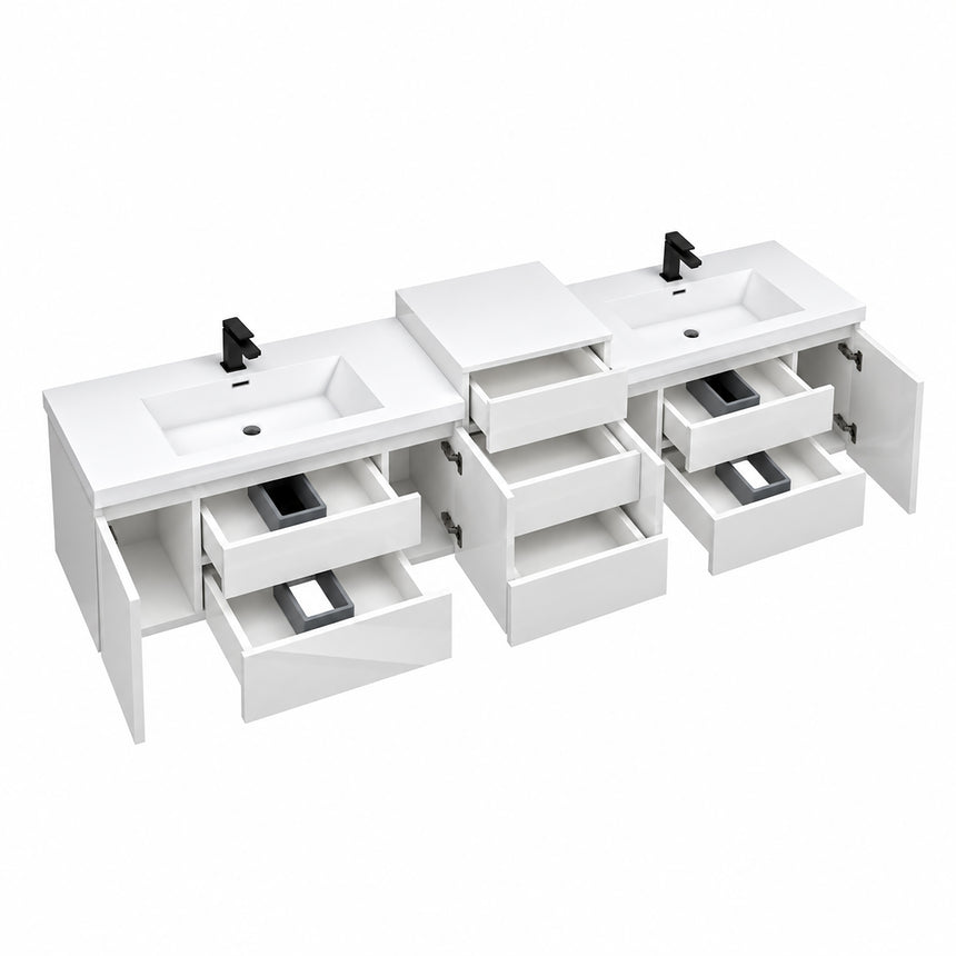 A modern floating double-sink bathroom vanity in light wood with white countertops and integrated mirrors, shown in a bright contemporary bathroom setting.