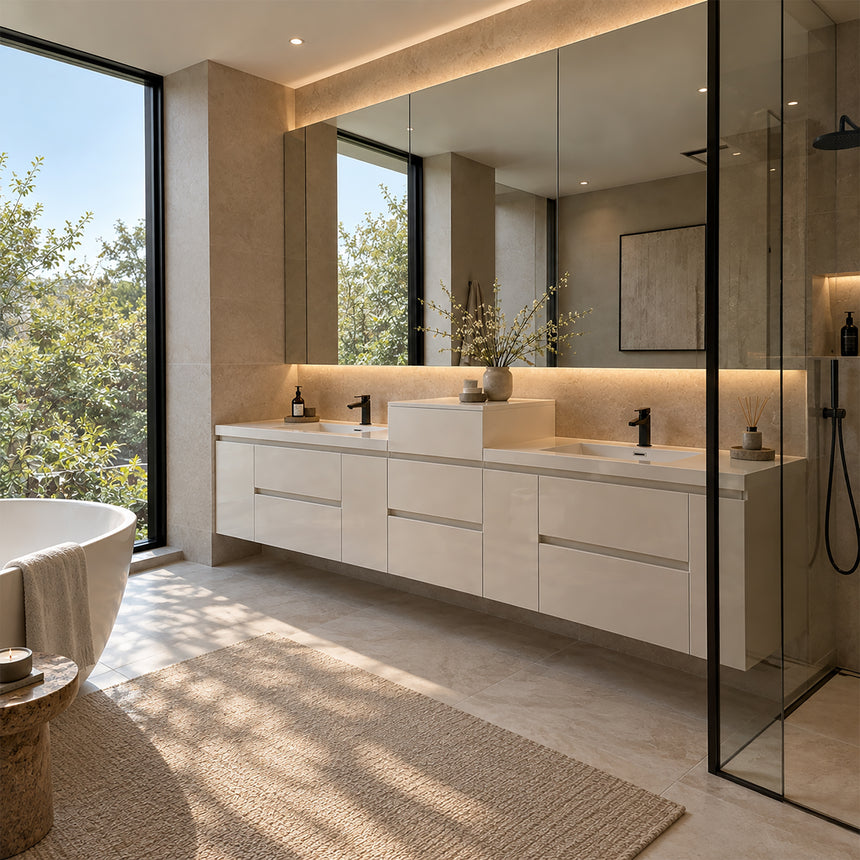 A modern floating double-sink bathroom vanity in light wood with white countertops and integrated mirrors, shown in a bright contemporary bathroom setting.
