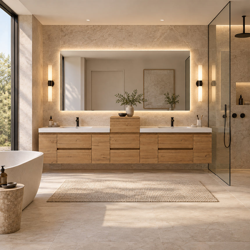 A modern floating double-sink bathroom vanity in light wood with white countertops and integrated mirrors, shown in a bright contemporary bathroom setting.