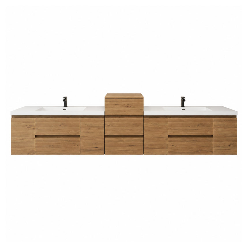 A modern floating double-sink bathroom vanity in light wood with white countertops and integrated mirrors, shown in a bright contemporary bathroom setting.