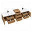 A double-sink bathroom vanity set with a light oak wood cabinet, white ceramic sinks, and black faucets, shown with several drawers and cabinet doors open on a plain white background.