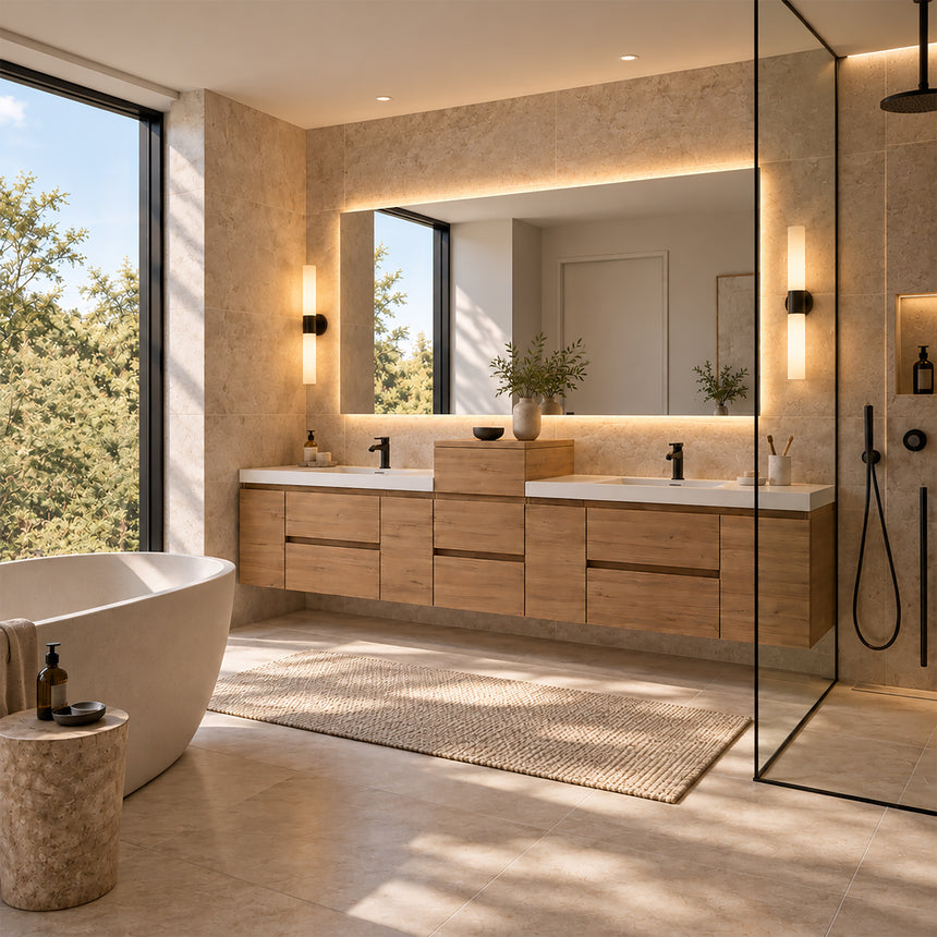 A modern floating double-sink bathroom vanity in light wood with white countertops and integrated mirrors, shown in a bright contemporary bathroom setting.
