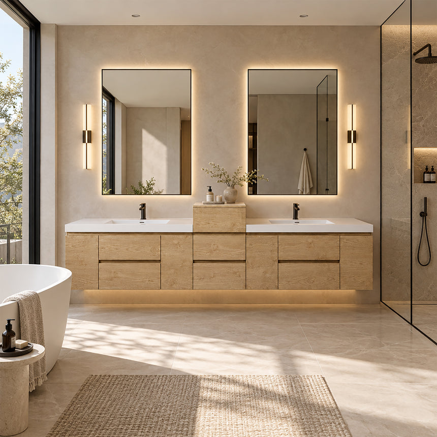 A modern floating double-sink bathroom vanity in light wood with white countertops and integrated mirrors, shown in a bright contemporary bathroom setting.