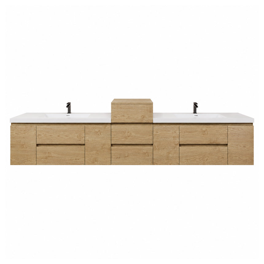 A modern floating double-sink bathroom vanity in light wood with white countertops and integrated mirrors, shown in a bright contemporary bathroom setting.