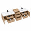 A light oak wood bathroom vanity set with two white integrated sinks, black faucets, and multiple open drawers and cabinet doors, shown on a plain white background.