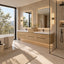 Modern bathroom interior with a floating double vanity, two white sinks, large mirrors with warm lighting, a freestanding bathtub, and a glass-enclosed shower area.