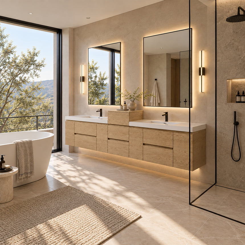 A modern floating double-sink bathroom vanity in light wood with white countertops and integrated mirrors, shown in a bright contemporary bathroom setting.