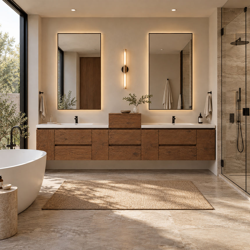 A modern floating double-sink bathroom vanity in light wood with white countertops and integrated mirrors, shown in a bright contemporary bathroom setting.