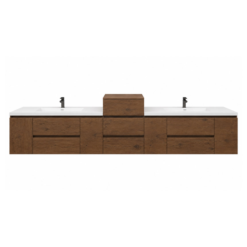 A modern floating double-sink bathroom vanity in light wood with white countertops and integrated mirrors, shown in a bright contemporary bathroom setting.