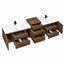 A double-sink bathroom vanity with a medium brown wood finish, featuring white integrated sinks, open cabinets, and multiple pull-out drawers, shown on a plain white background.