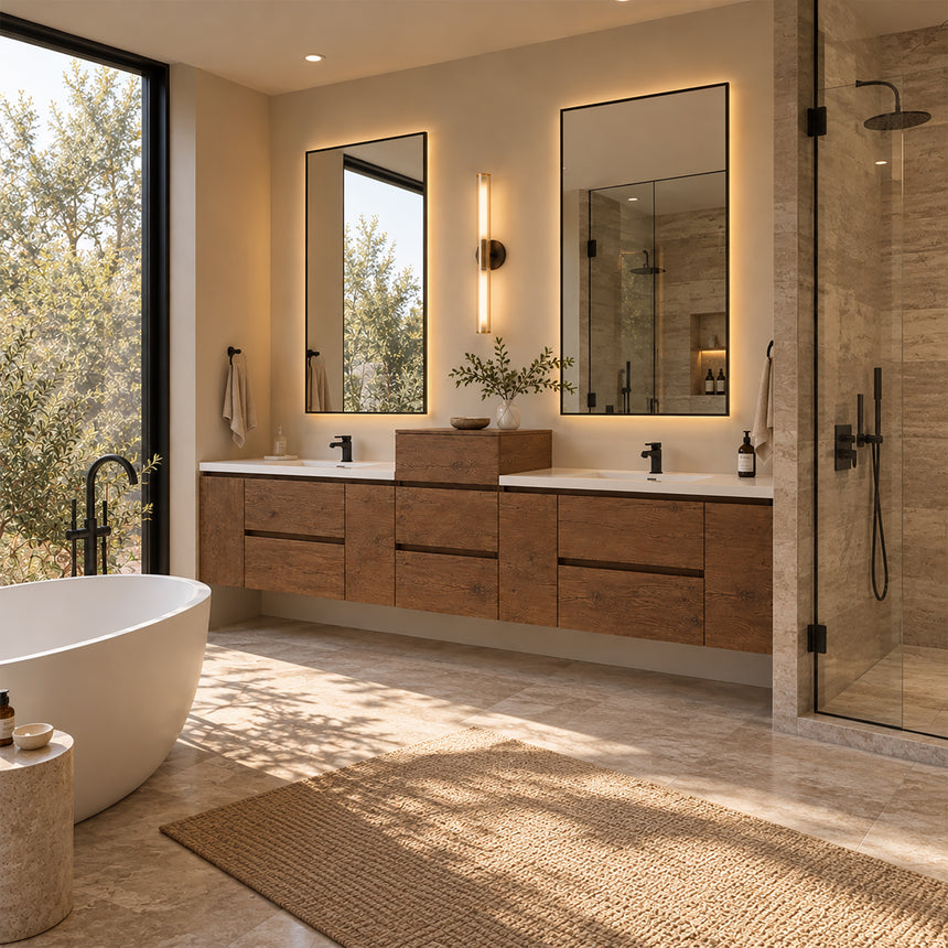 A modern floating double-sink bathroom vanity in light wood with white countertops and integrated mirrors, shown in a bright contemporary bathroom setting.