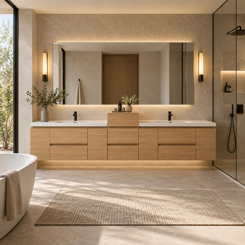 A modern floating double-sink bathroom vanity in light wood with white countertops and integrated mirrors, shown in a bright contemporary bathroom setting.