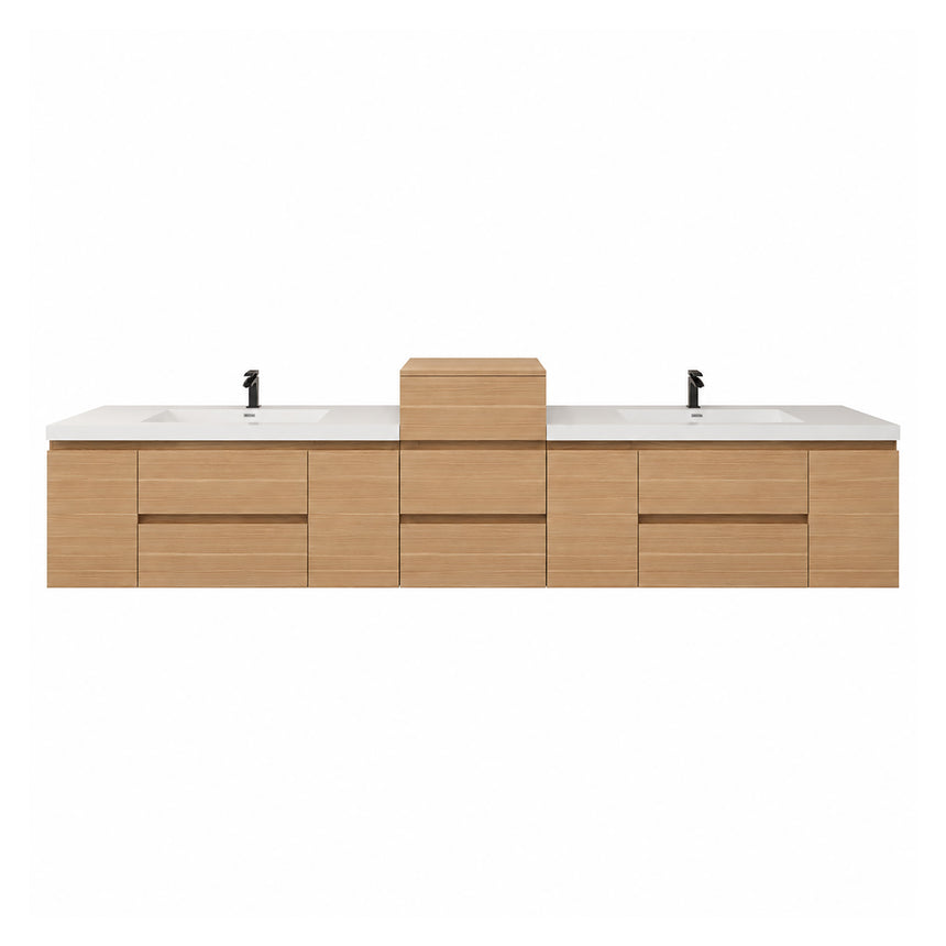 A modern floating double-sink bathroom vanity in light wood with white countertops and integrated mirrors, shown in a bright contemporary bathroom setting.