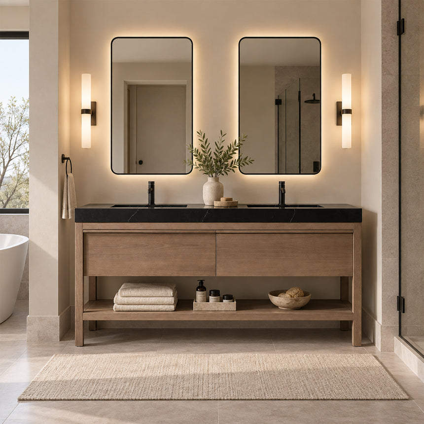 Bathroom vanity with black countertop and wooden cabinet in a bright room.