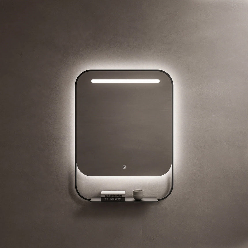 Rectangular mirror with LED lighting on a dark wall