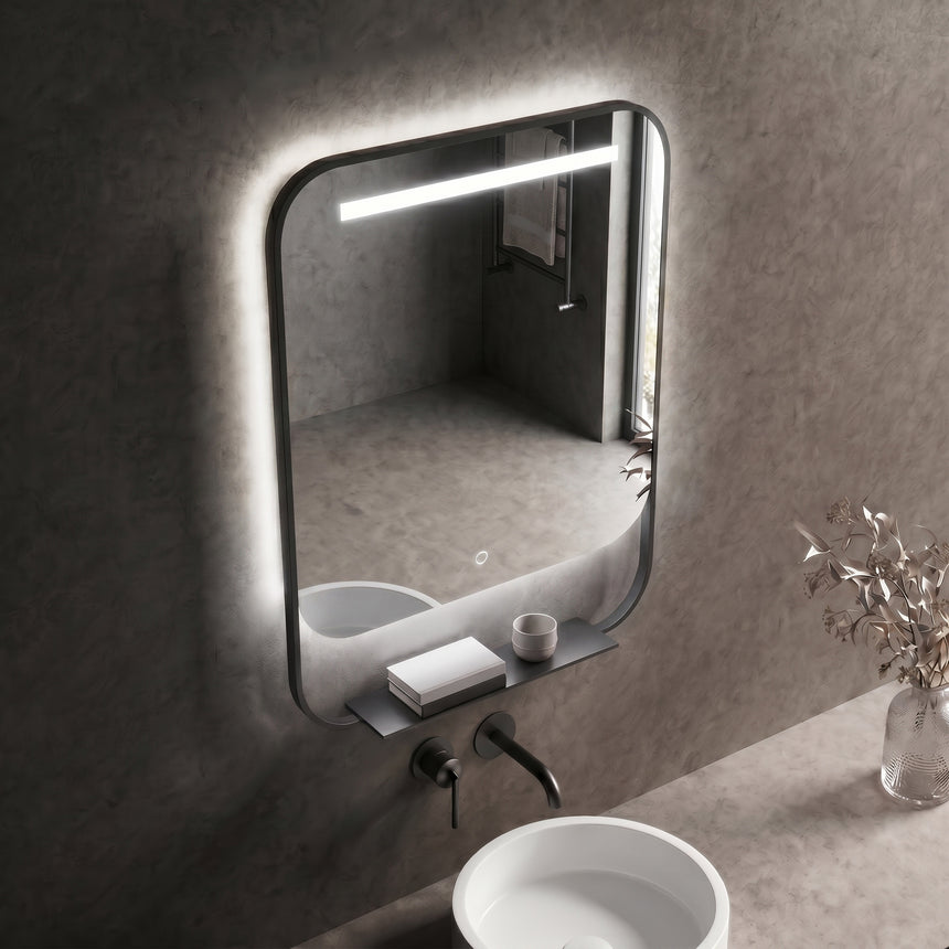 Rectangular mirror with LED lighting on a dark wall
