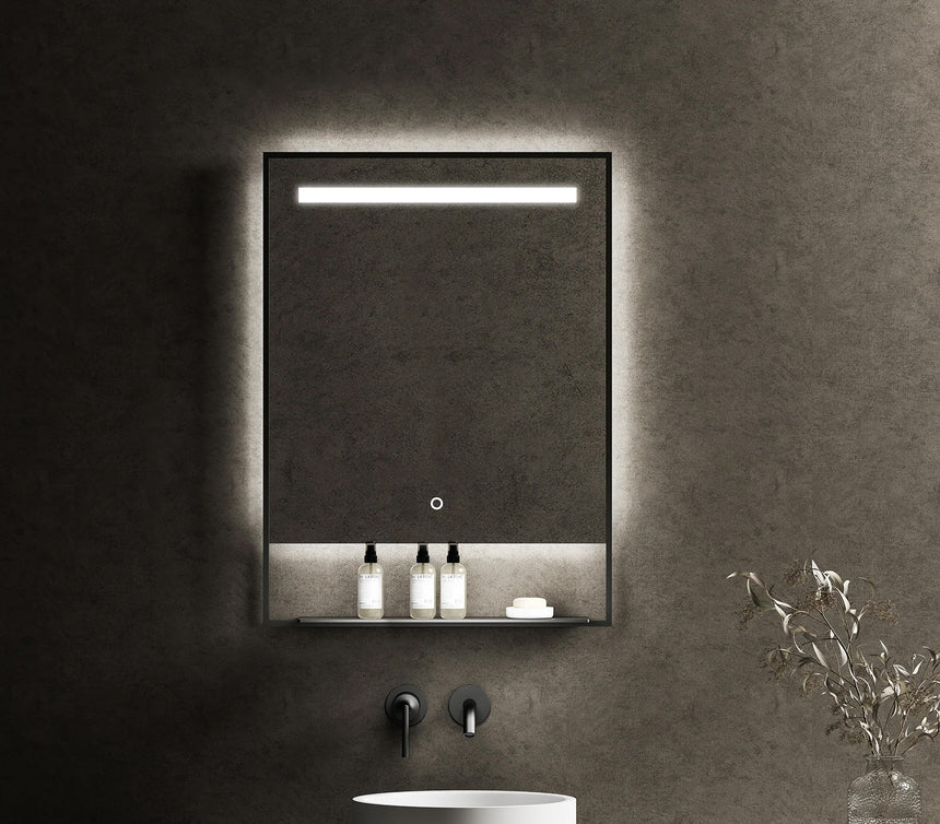 Rectangular mirror with LED lighting on a dark wall