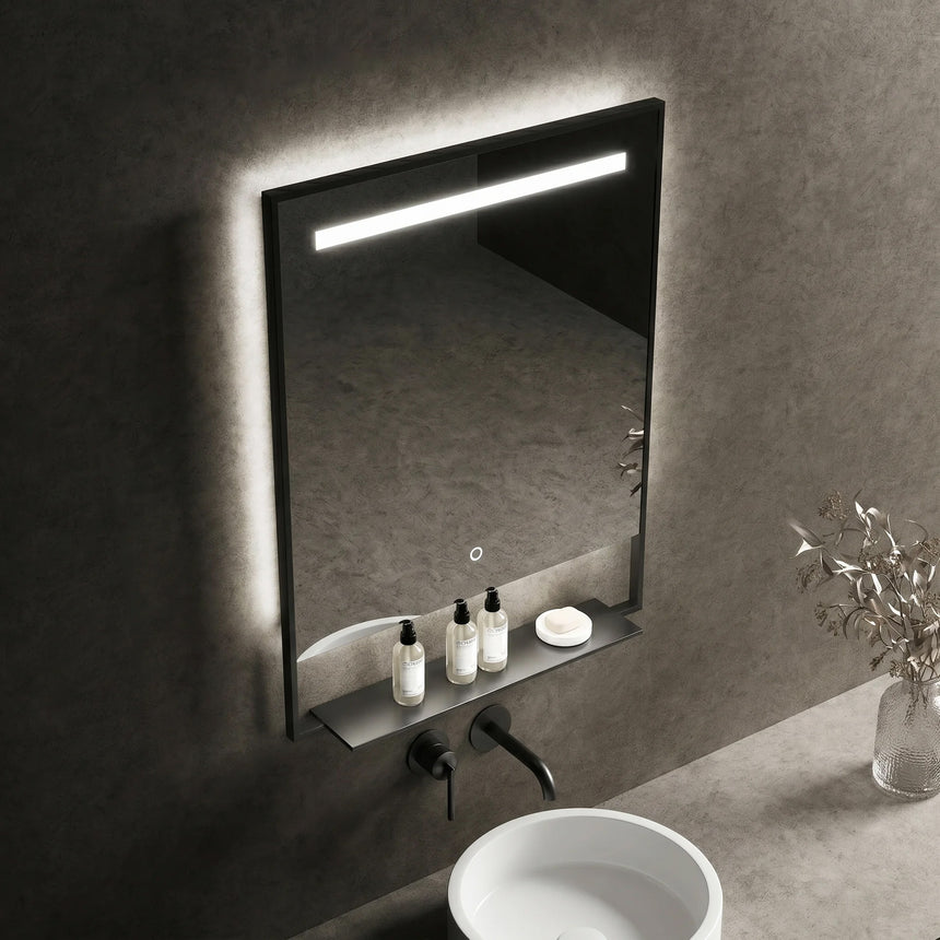 Rectangular mirror with LED lighting on a dark wall