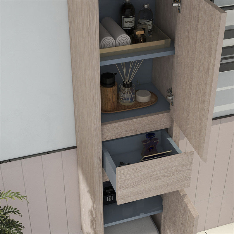 Saggia linen cabinet with a closed door, featuring a simple, modern design with European soft-closing hardware.