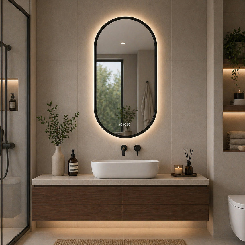 Wood Framed LED Backlit Mirror in walnut finish