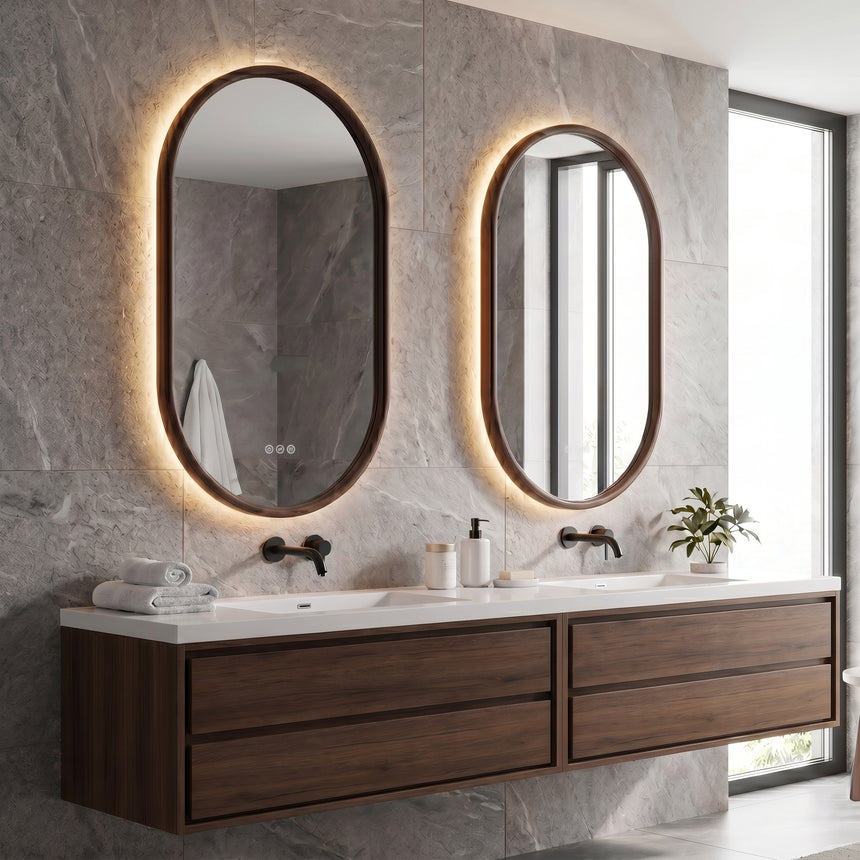 Wood Framed LED Backlit Mirror in walnut finish