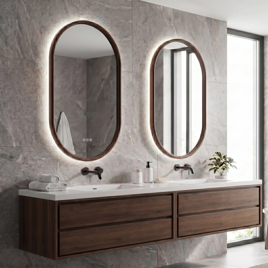 Wood Framed LED Backlit Mirror in walnut finish