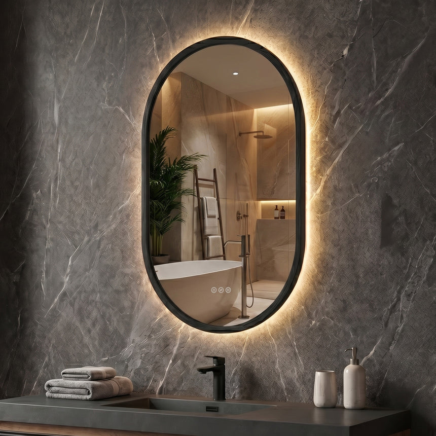 Wood Framed LED Backlit Mirror in walnut finish