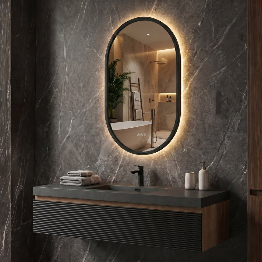 Wood Framed LED Backlit Mirror in walnut finish