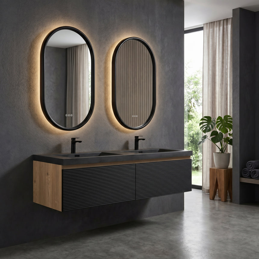 Wood Framed LED Backlit Mirror in walnut finish