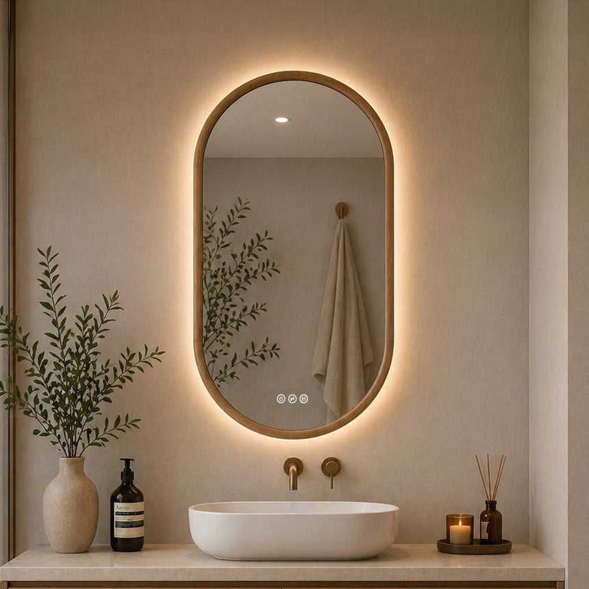 Wood Framed LED Backlit Mirror in walnut finish