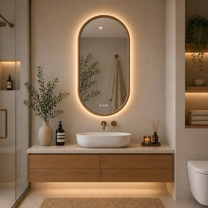 Wood Framed LED Backlit Mirror in walnut finish