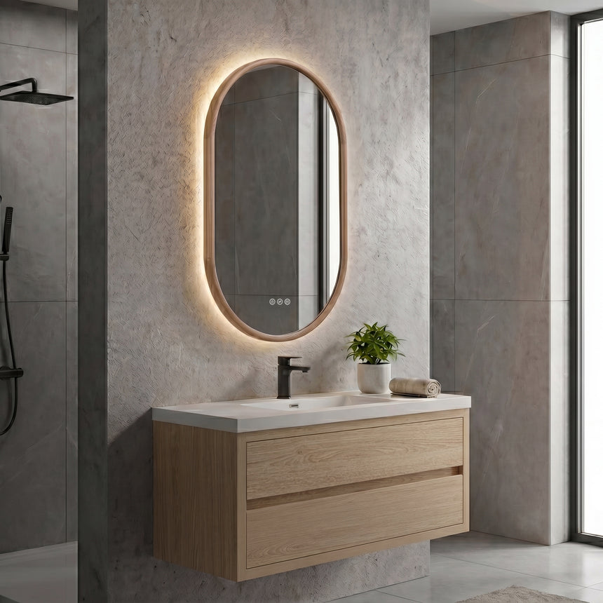 Wood Framed LED Backlit Mirror in walnut finish