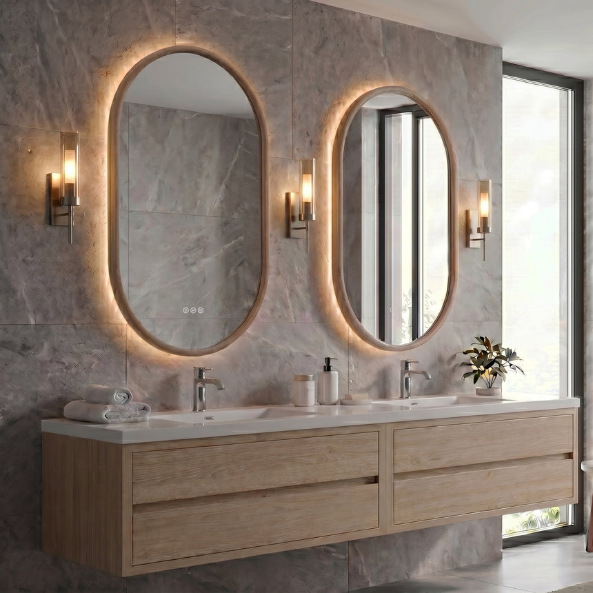 Wood Framed LED Backlit Mirror in walnut finish