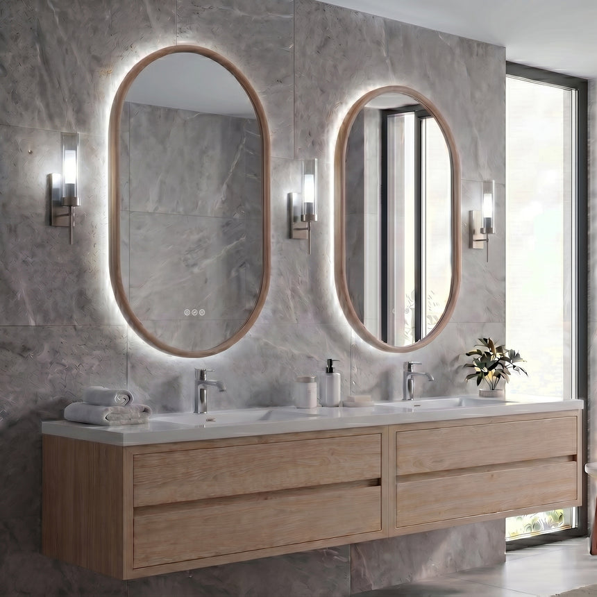 Wood Framed LED Backlit Mirror in walnut finish